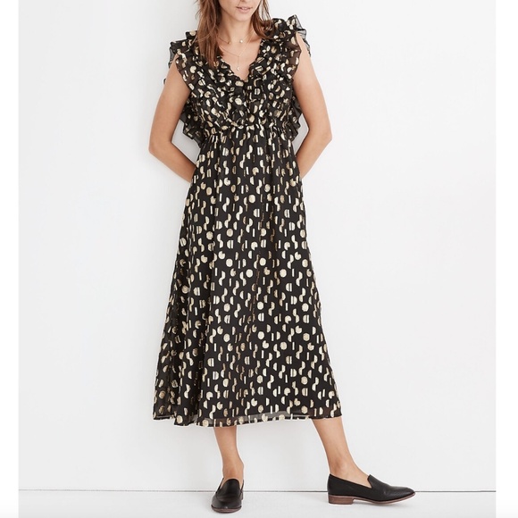 Metallic Clipdot Open-Back Ruffle Maxi Dress Black and Gold - Picture 1 of 5